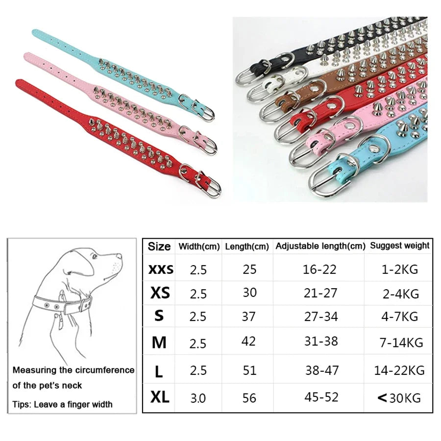 Adjustable PU Leather Dog Collar With Rivet Spikes For Small Dogs And Cats