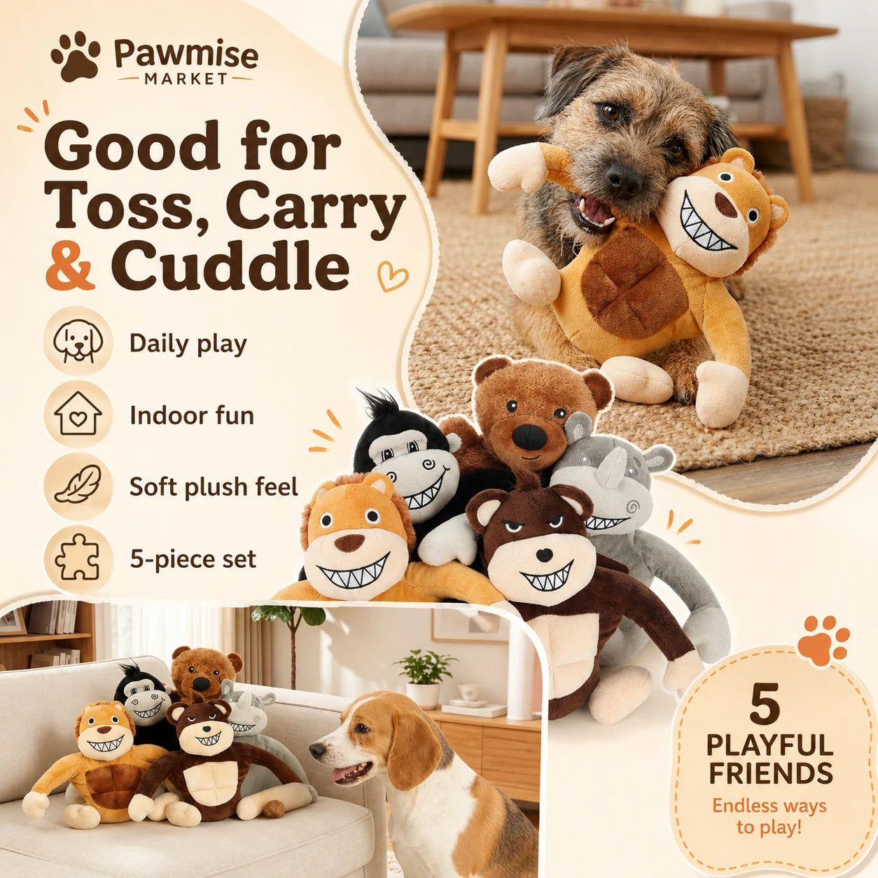 Squeaky Plush Pet Toy Set Lion Bear Rhino Monkey Chimp