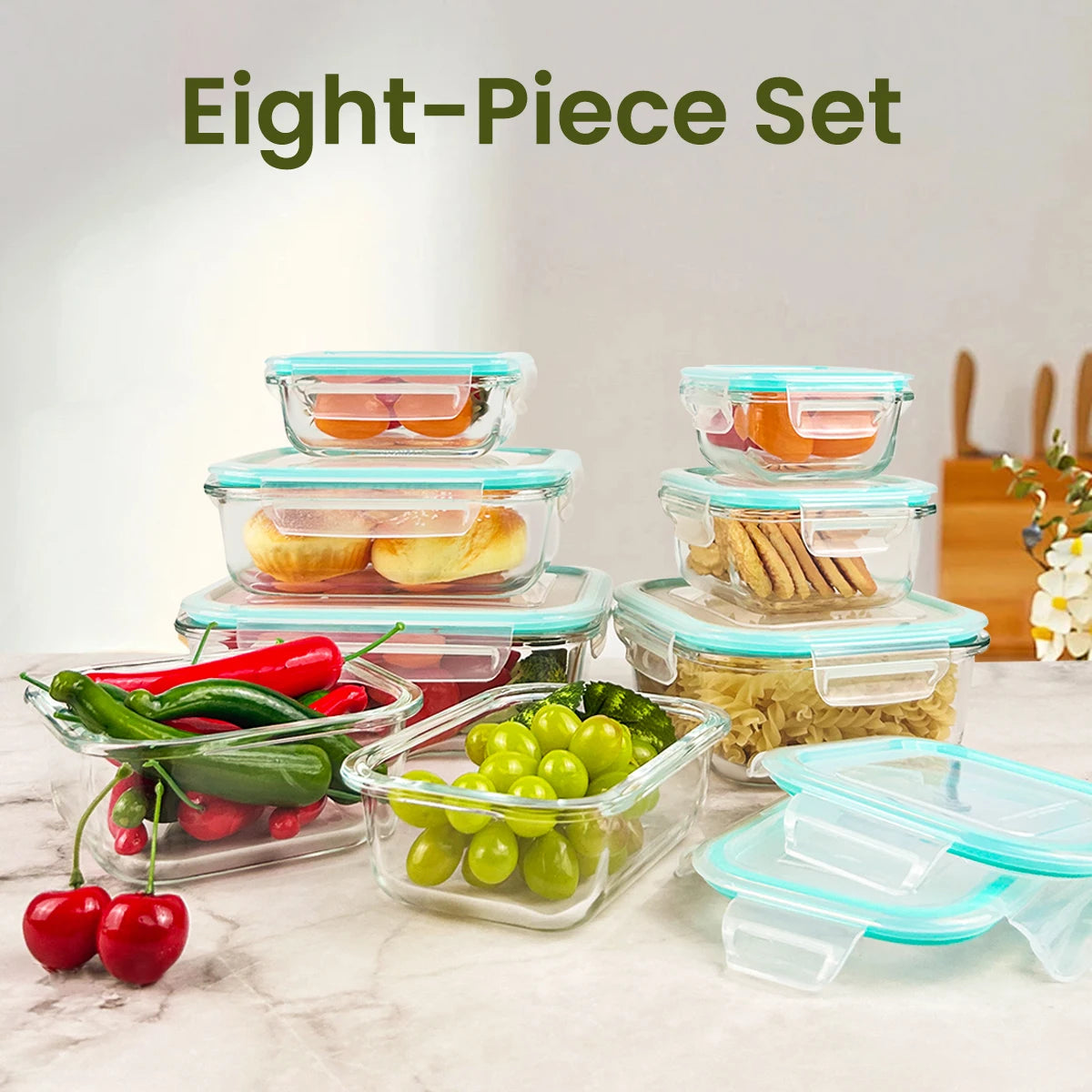 8pcs Glass Food Storage Containers Set Lunch Box Leakproof Airtight Microwave & Oven Safe Stackable Kitchen Organizers