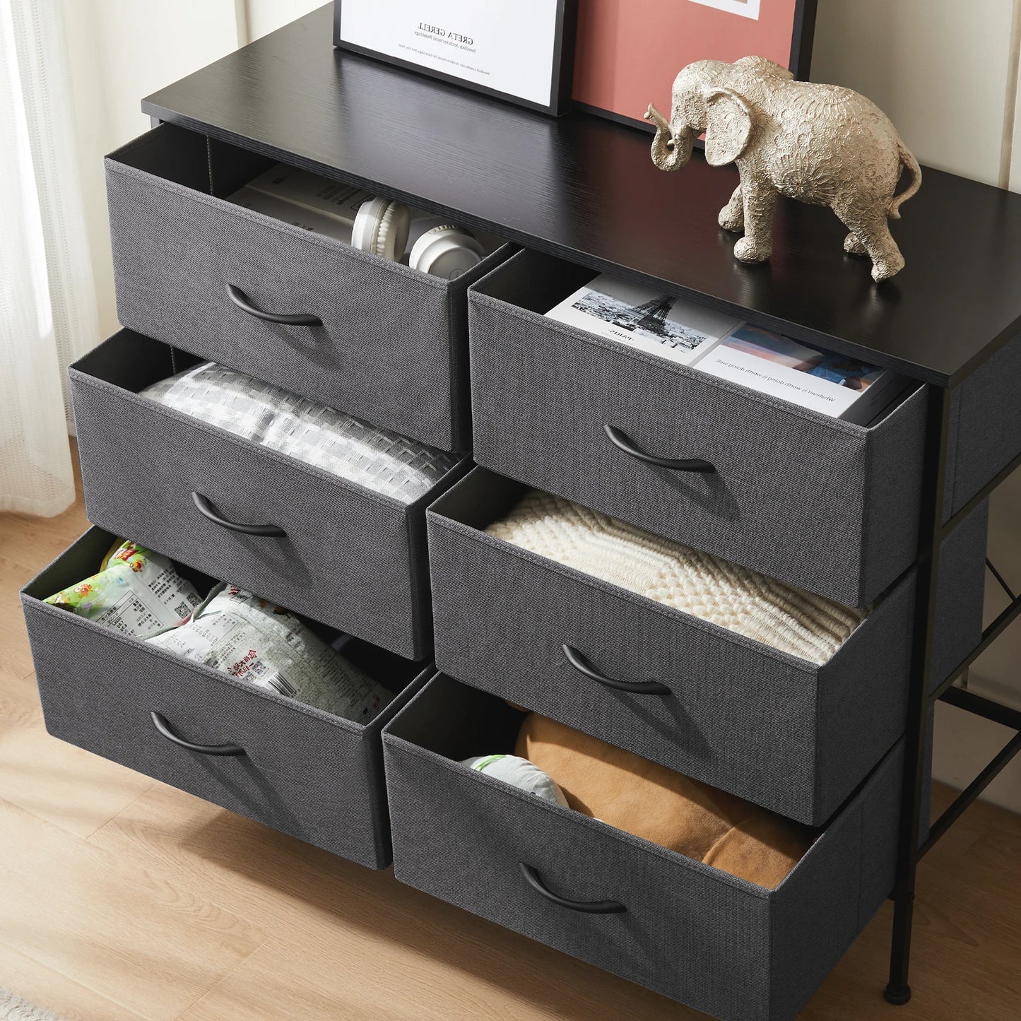JHK 6 Drawer Fabric Nightstand With Storage Organizer Cabinet