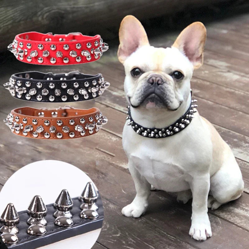 Adjustable PU Leather Dog Collar With Rivet Spikes For Small Dogs And Cats
