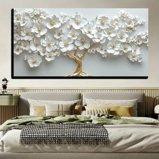 1 Nordic white flower oil painting on canvas, Modern art Deco wall painting 1.5 inch thick pine solid wood frame