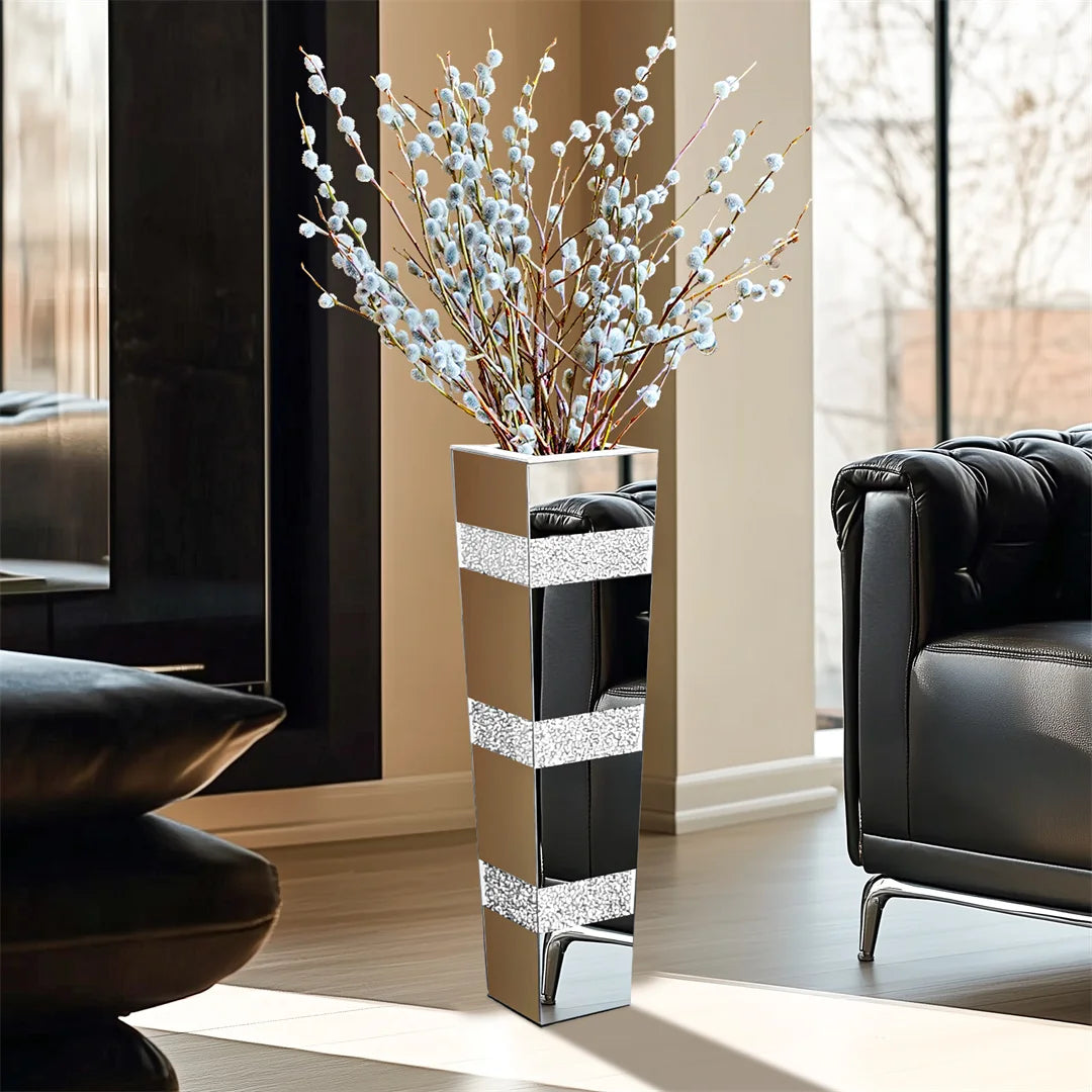 Modern Floor Vase With Crystal Accents In Mirrored Silver Finish