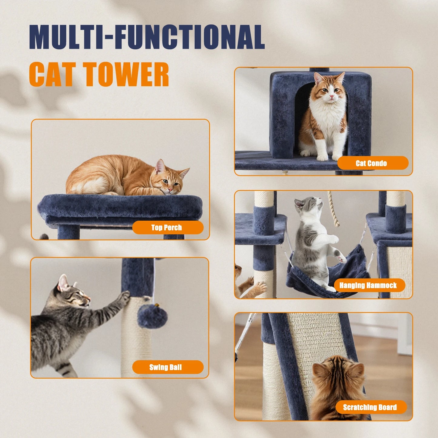 JHK Cat Tree Tall Multi Cat Climbing Tower With Natural Sisal Posts Indoor