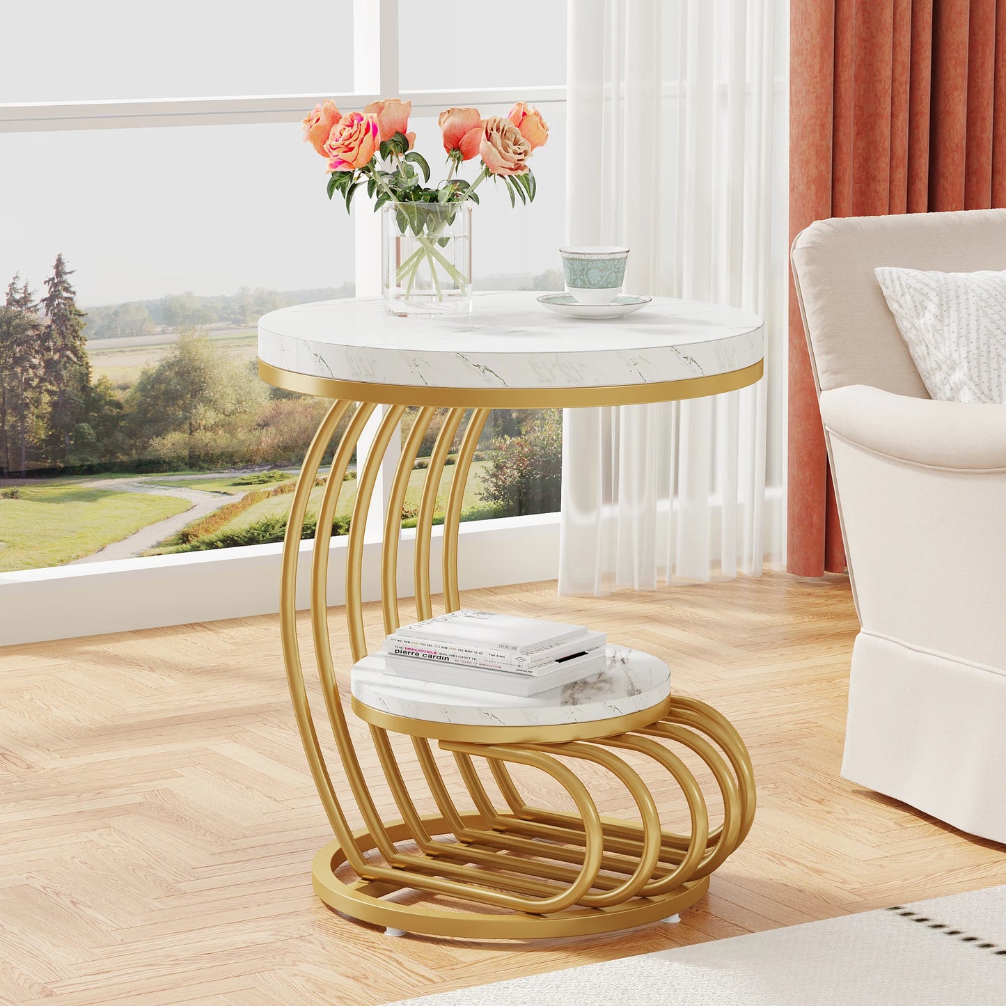 Tribesigns Round End Table Two Tiers Faux Marble Storage Shelf