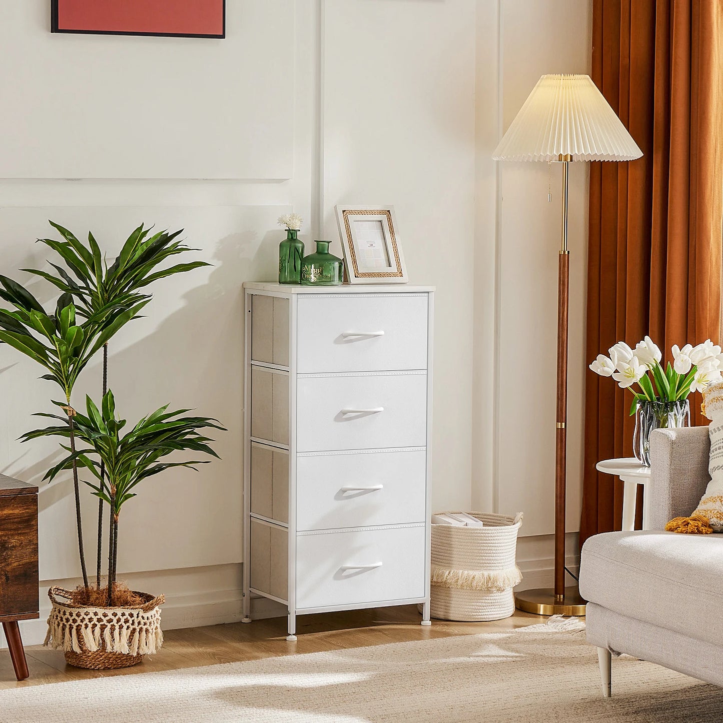 JHK Dresser With Four Fabric Drawers Nightstand Wardrobe Steel Frame