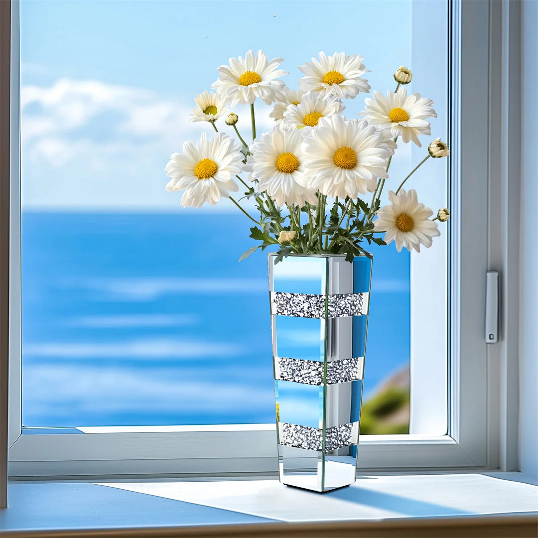 Modern Floor Vase With Crystal Accents In Mirrored Silver Finish