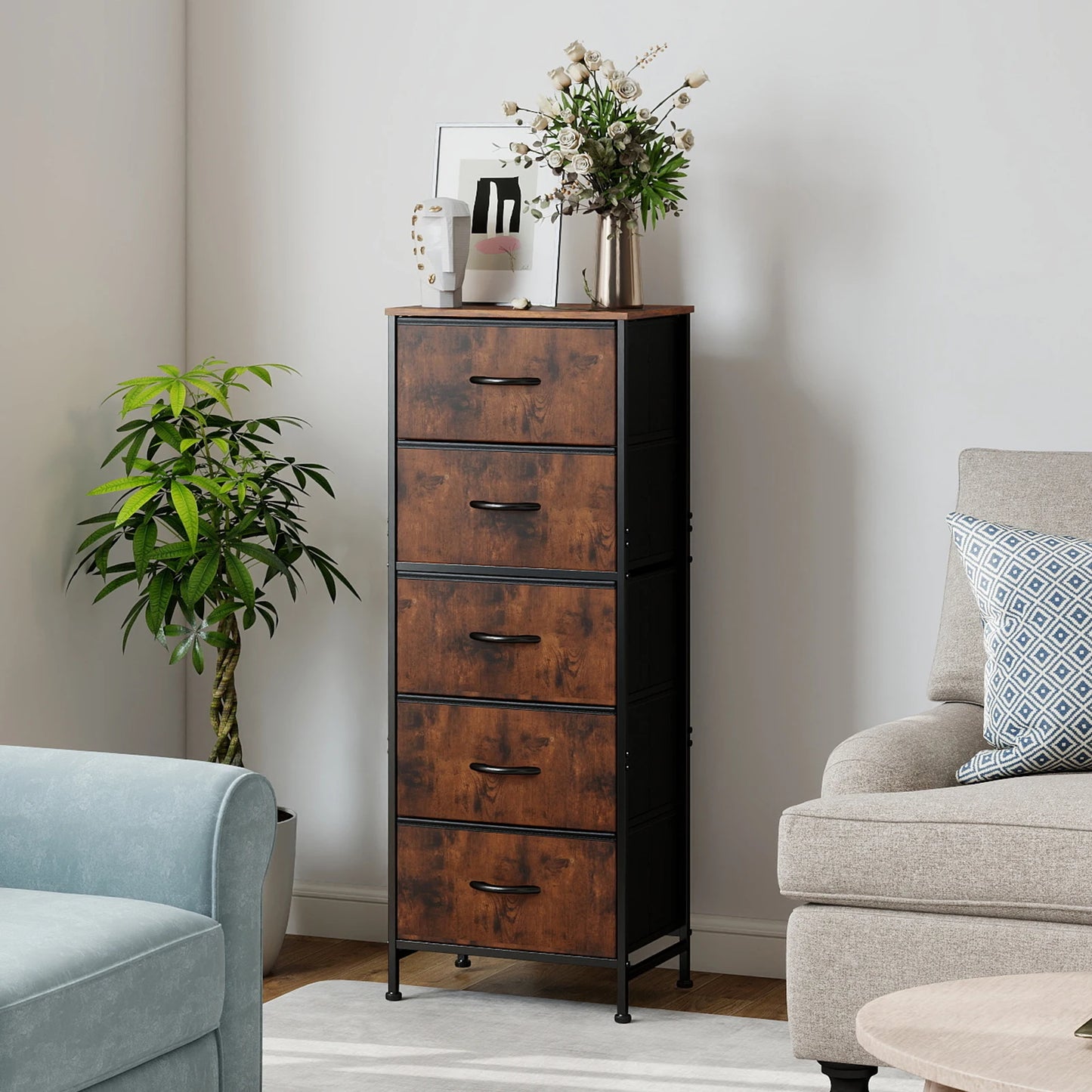 JHK Modern Dresser With Fabric Drawers On Steel Frame