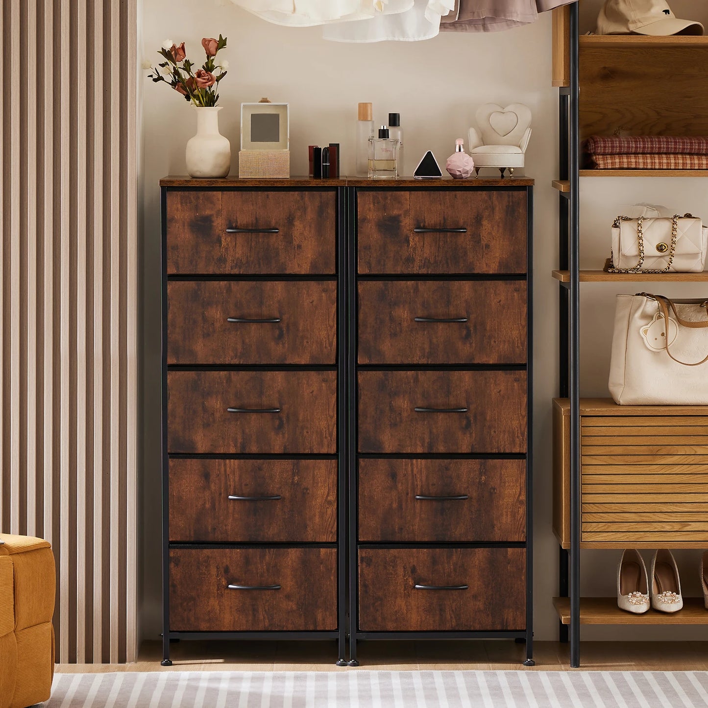 JHK Modern Dresser With Fabric Drawers On Steel Frame