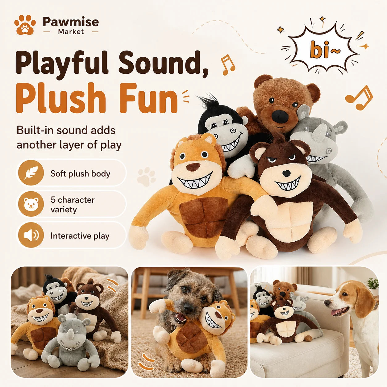 Squeaky Plush Pet Toy Set Lion Bear Rhino Monkey Chimp