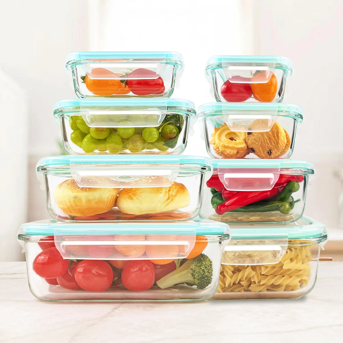 8pcs Glass Food Storage Containers Set Lunch Box Leakproof Airtight Microwave & Oven Safe Stackable Kitchen Organizers