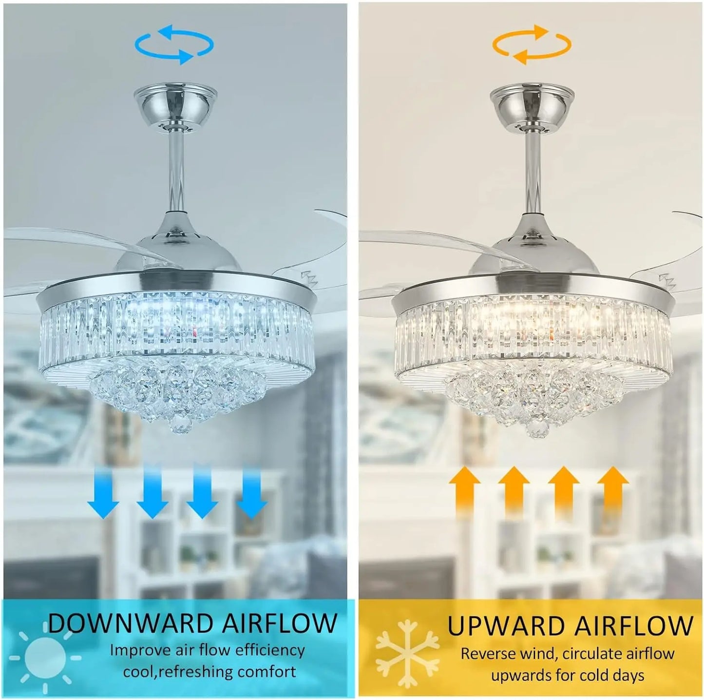 Crystal Ceiling Fan With Light And Remote Retractable Blades