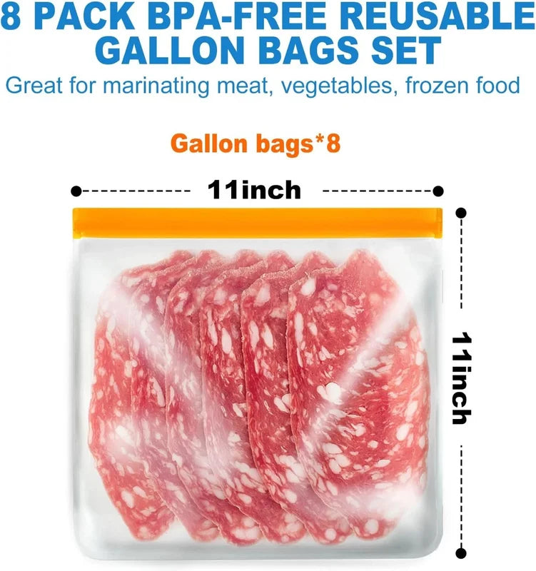 8 Pack Freezer Bags Reusable Silicone Food Storage Bags