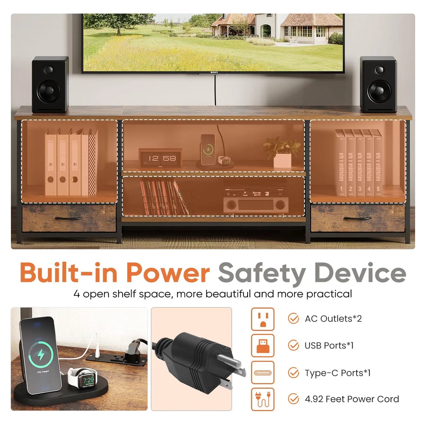 JHK Wooden TV Stand For Living Room Entertainment Center