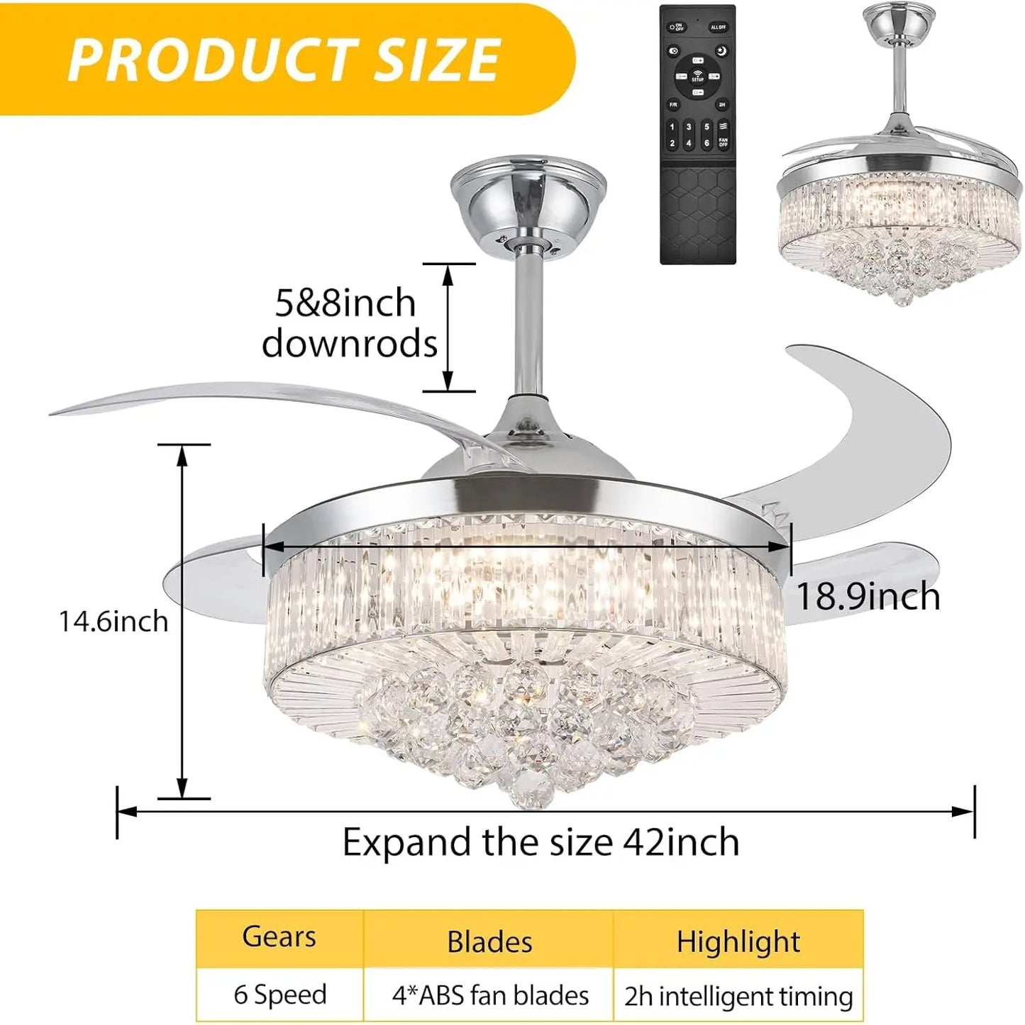 Crystal Ceiling Fan With Light And Remote Retractable Blades