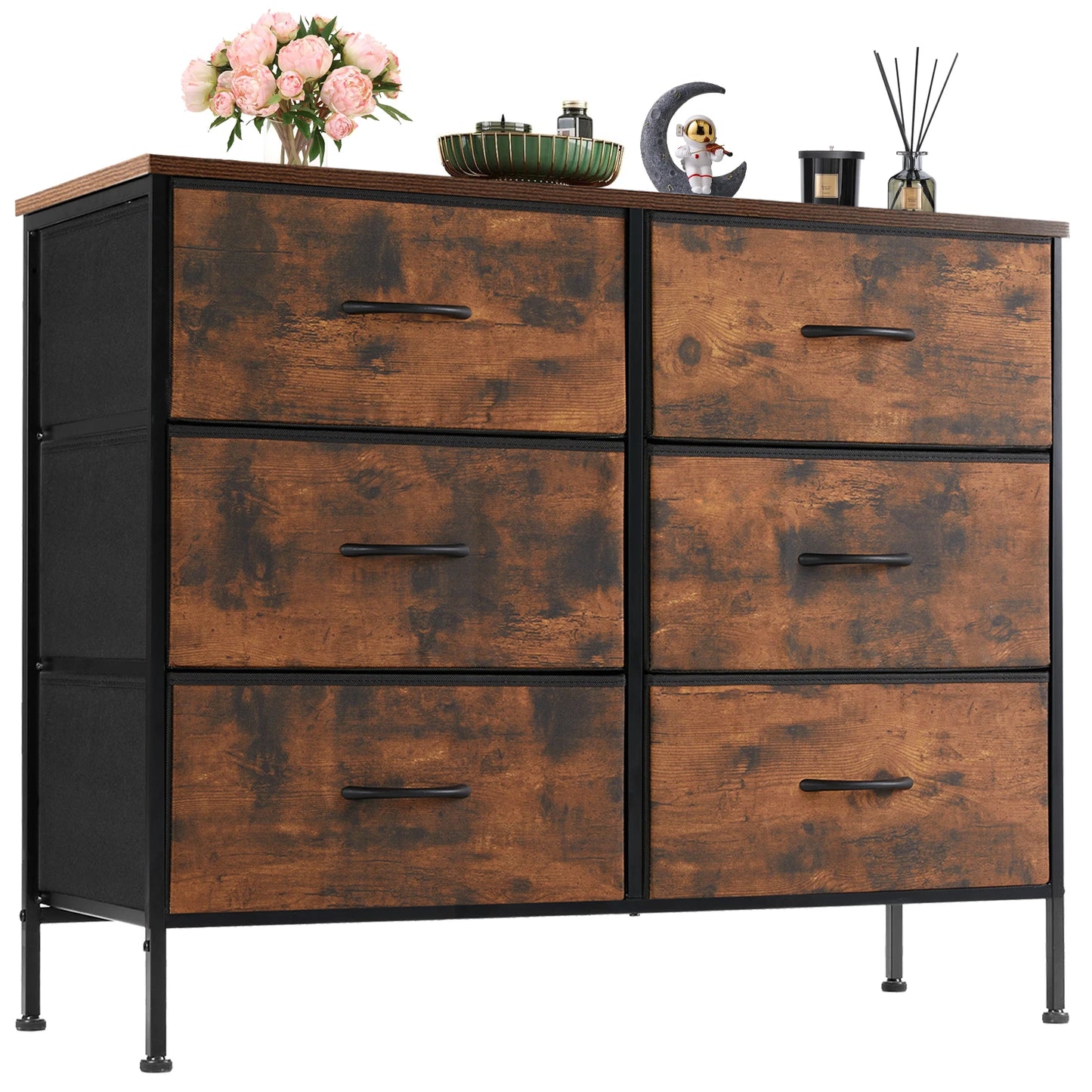 JHK 6 Drawer Fabric Nightstand With Storage Organizer Cabinet
