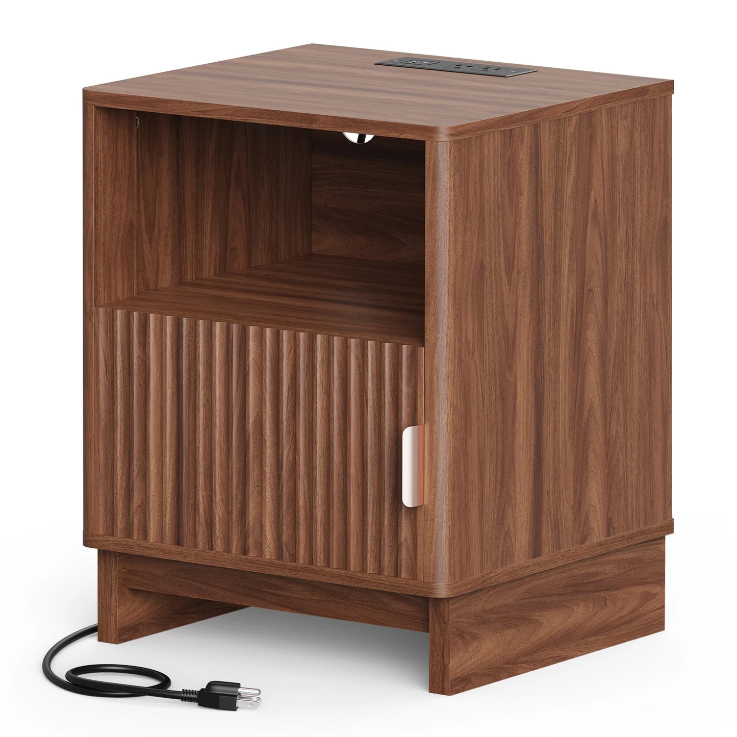 TinyNest Nightstand With Charging Station And Fluted Wood Storage
