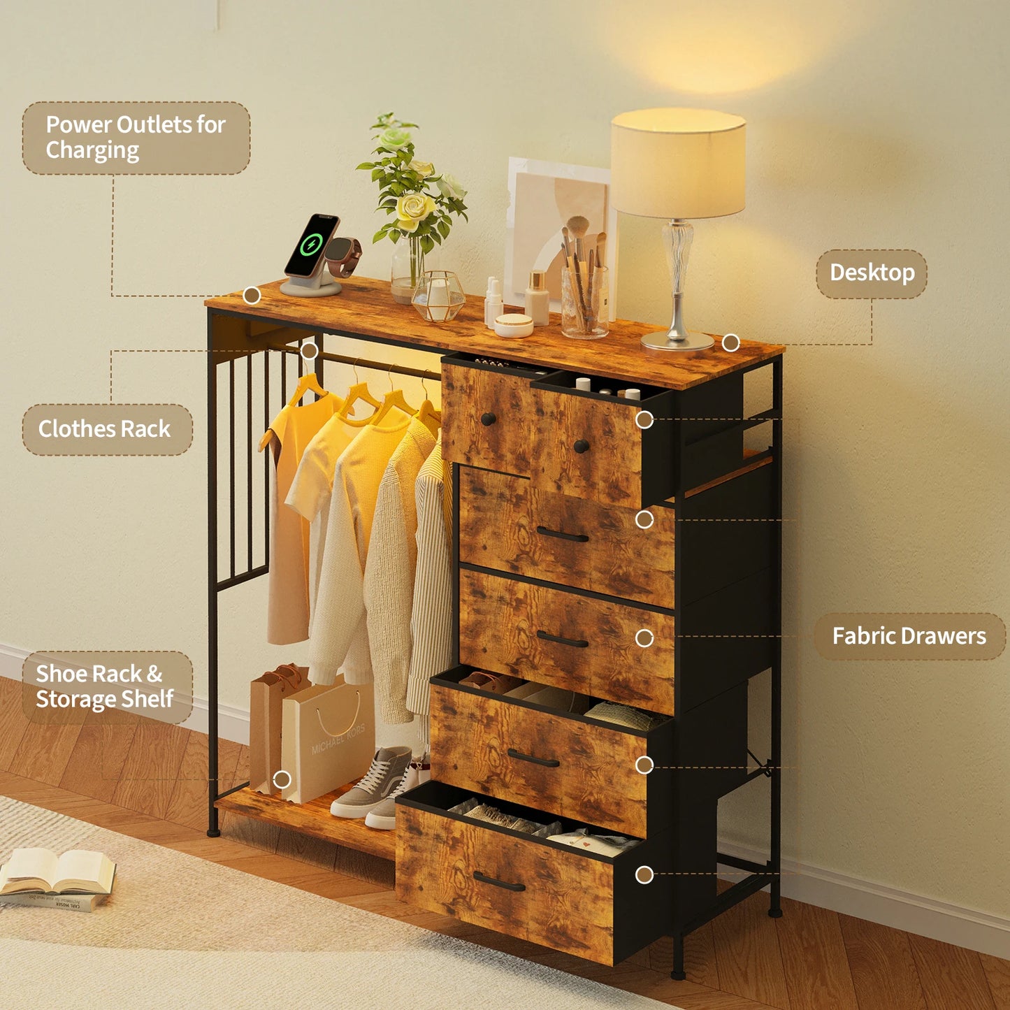 150cm Chest of Drawers, Reversible 6 Fabric Drawers Hanging Rack Dresser Closet w/LED Lights & Charging Station for Kids Bedroom