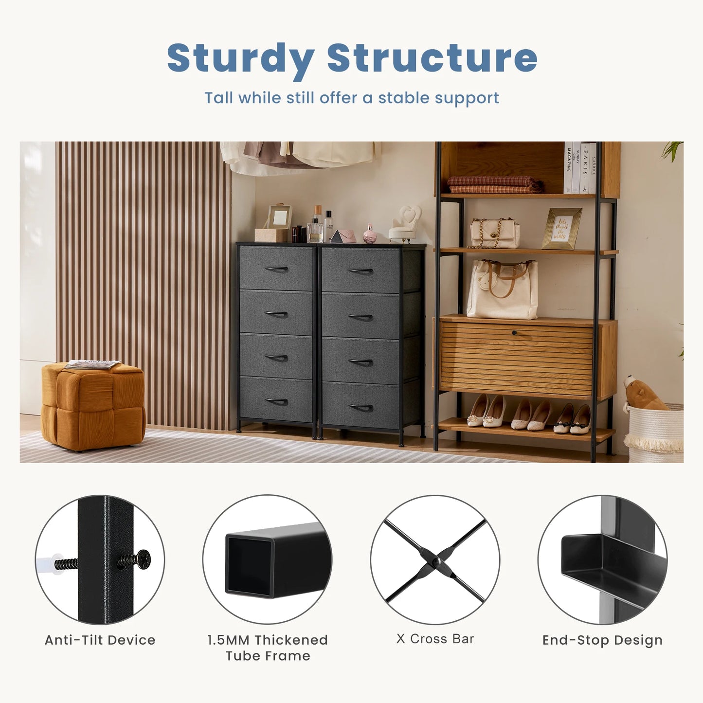 JHK Dresser With Four Fabric Drawers Nightstand Wardrobe Steel Frame