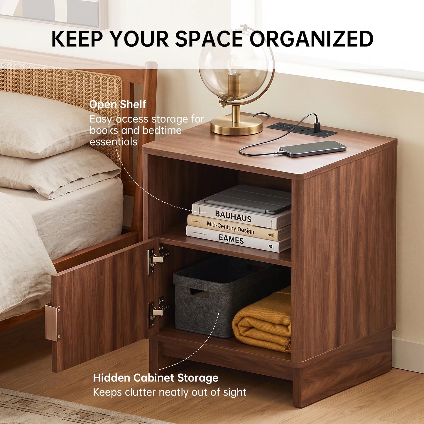 TinyNest Nightstand With Charging Station And Fluted Wood Storage