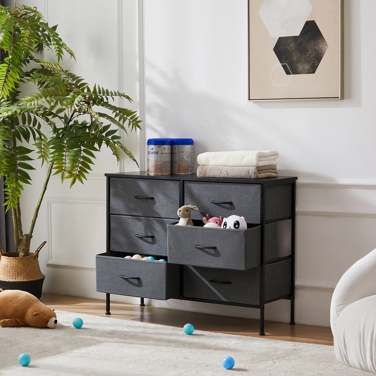 JHK 6 Drawer Fabric Nightstand With Storage Organizer Cabinet