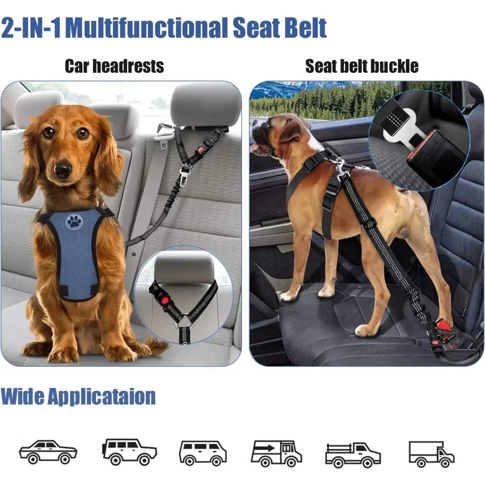 2-in-1 Dog Car Seatbelt Headrest Restraint Reflective Adjustable