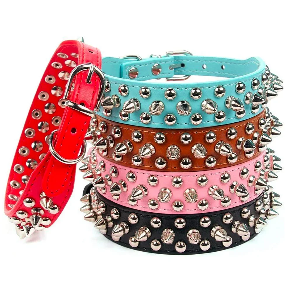 Adjustable PU Leather Dog Collar With Rivet Spikes For Small Dogs And Cats