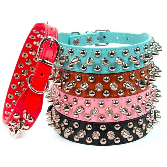 Adjustable PU Leather Dog Collar With Rivet Spikes For Small Dogs And Cats