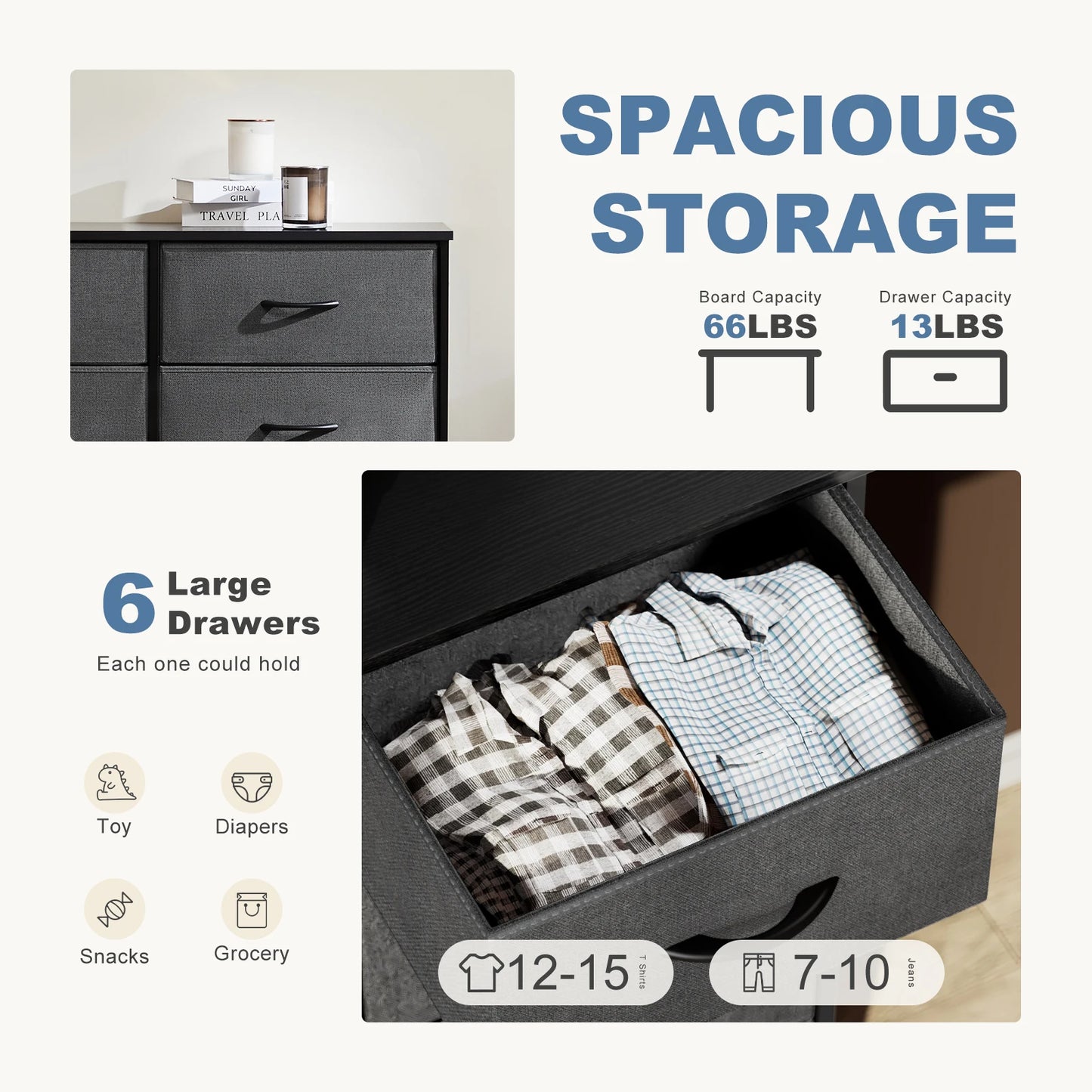 JHK 6 Drawer Fabric Nightstand With Storage Organizer Cabinet