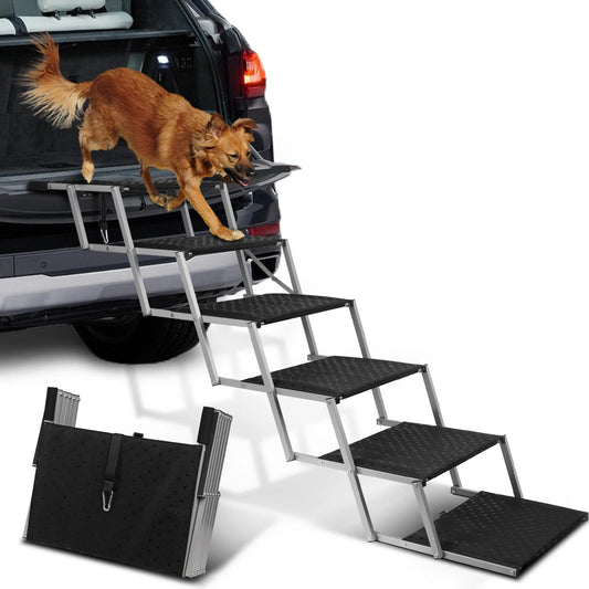 Adjustable Foldable Dog Stairs Set For Cars, SUVs Stainless-Steel