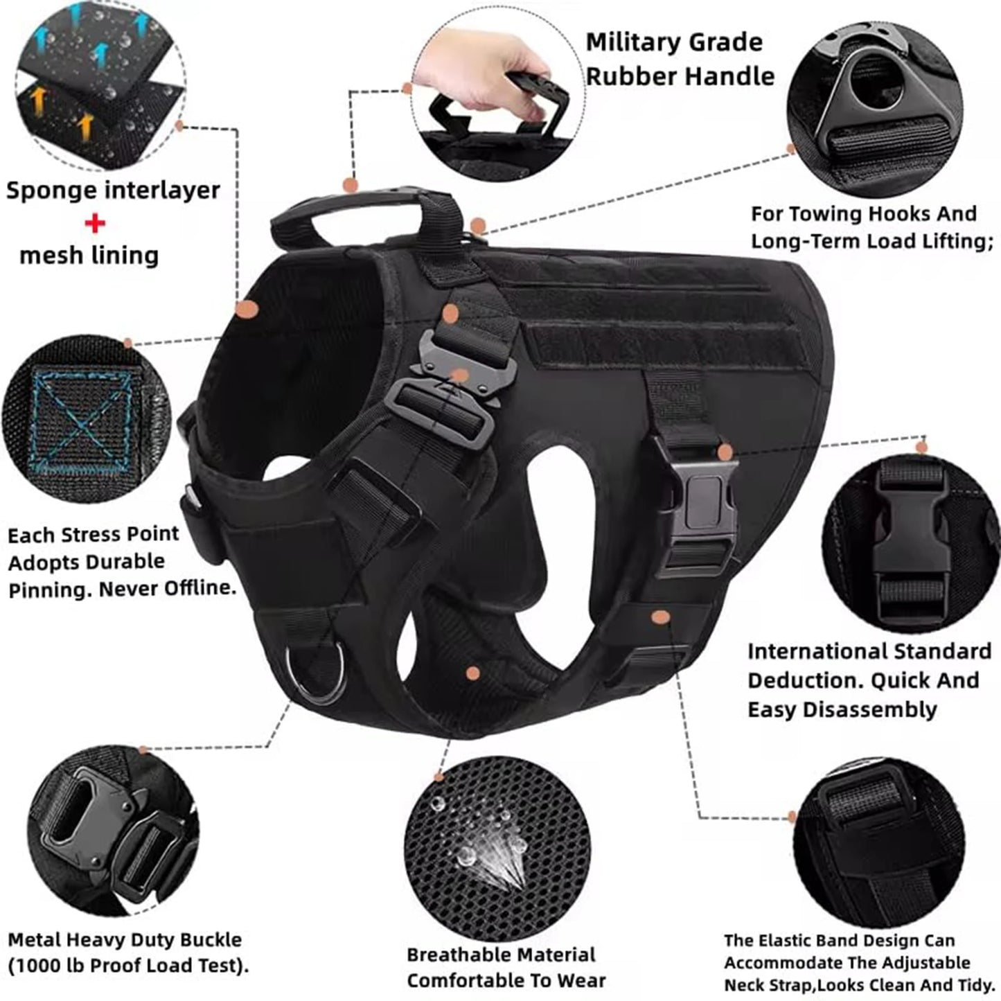 Tactical Dog Harness With Molle Pouches Nylon Padded Breakaway Design