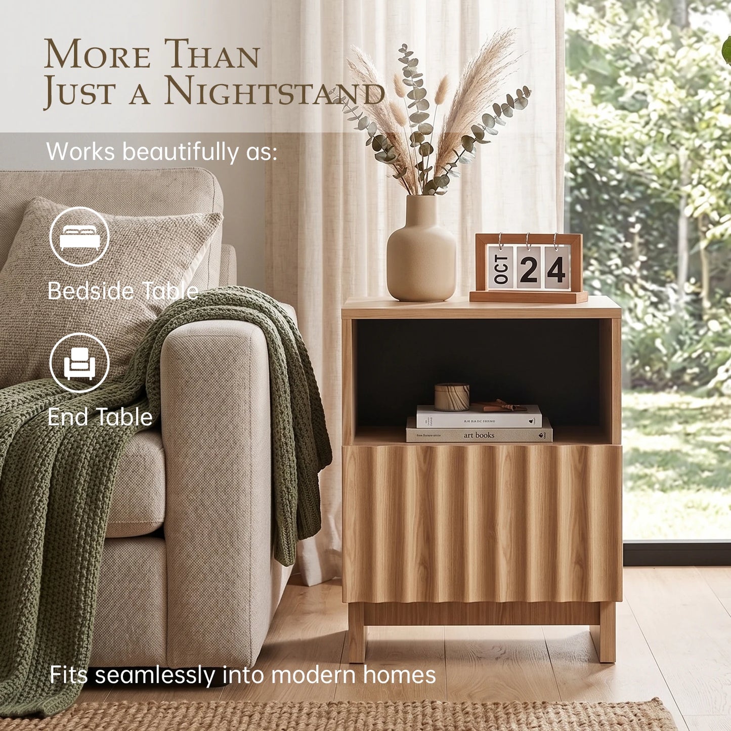 TinyNest Fluted Wood Nightstand With Storage Drawers And Open Shelf