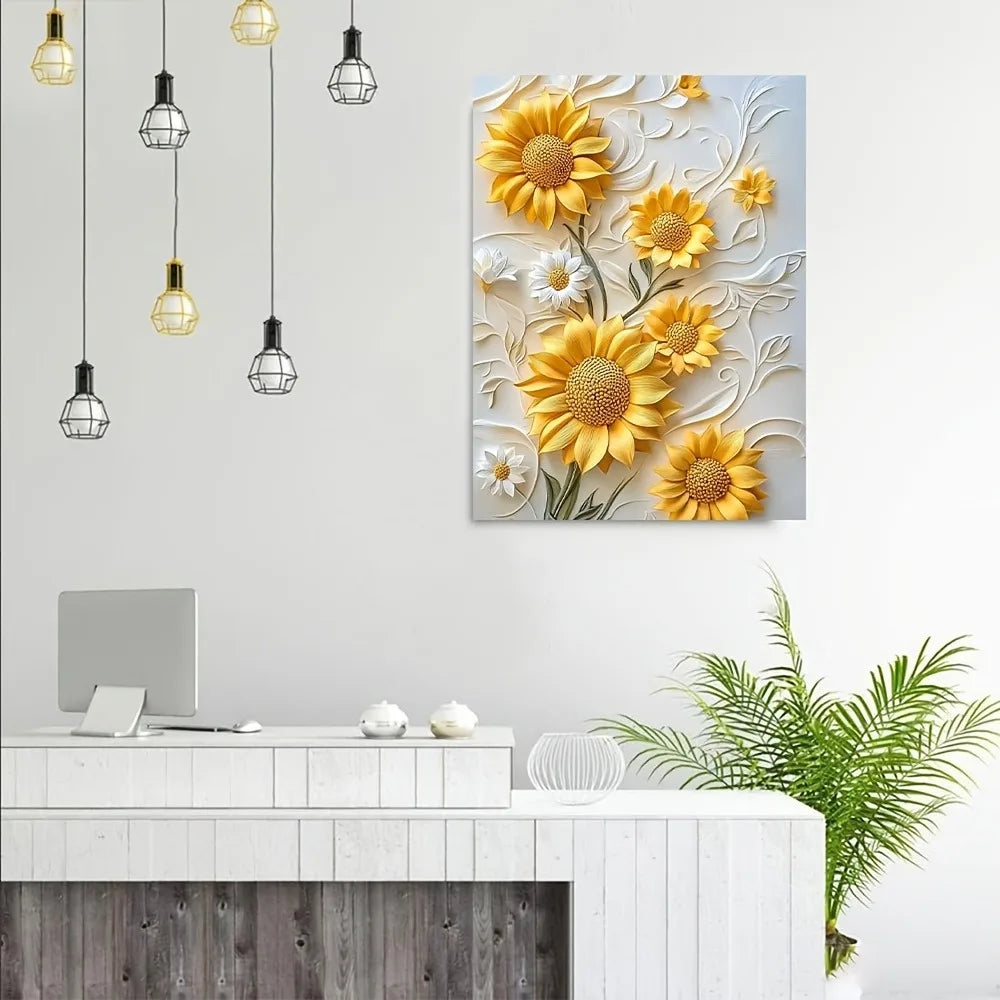 3D relief sunflower canvas art with wood frame, vivid yellow wall printing in living room and bedroom, Christmas home decor