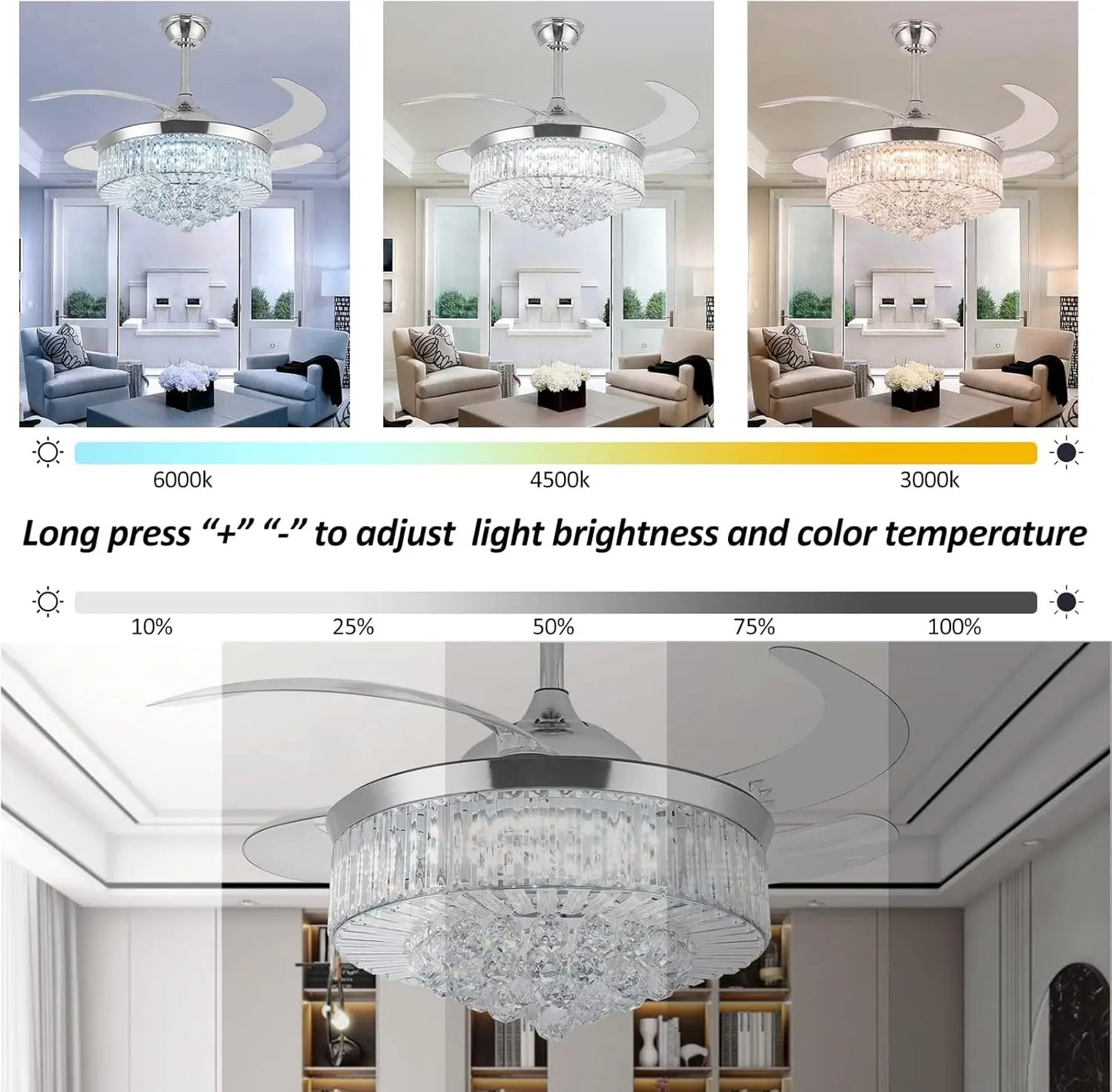 Crystal Ceiling Fan With Light And Remote Retractable Blades