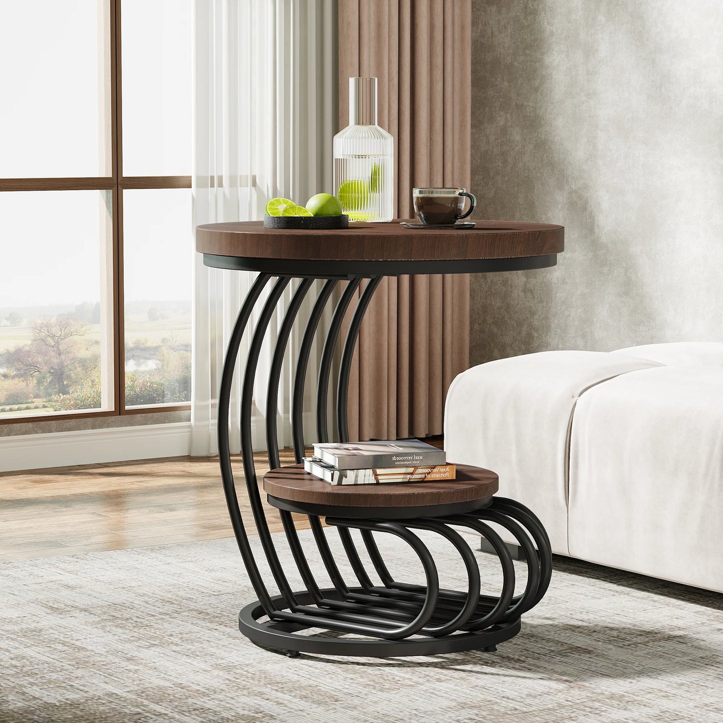 Tribesigns Round End Table Two Tiers Faux Marble Storage Shelf
