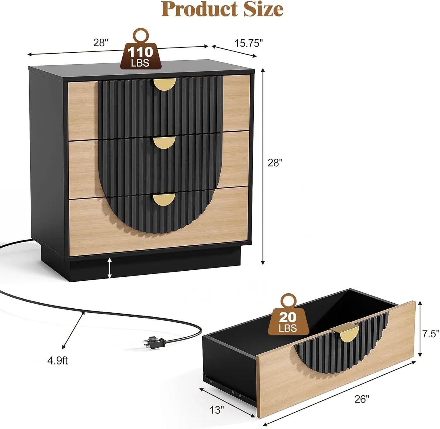 Three Drawer Nightstand With Charging Station Modern Wood Bedside Table