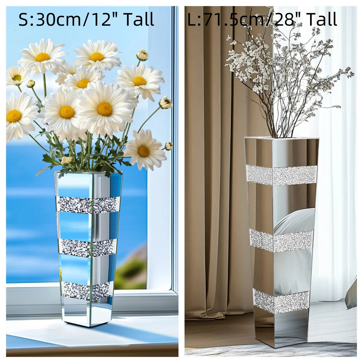 Modern Floor Vase With Crystal Accents In Mirrored Silver Finish