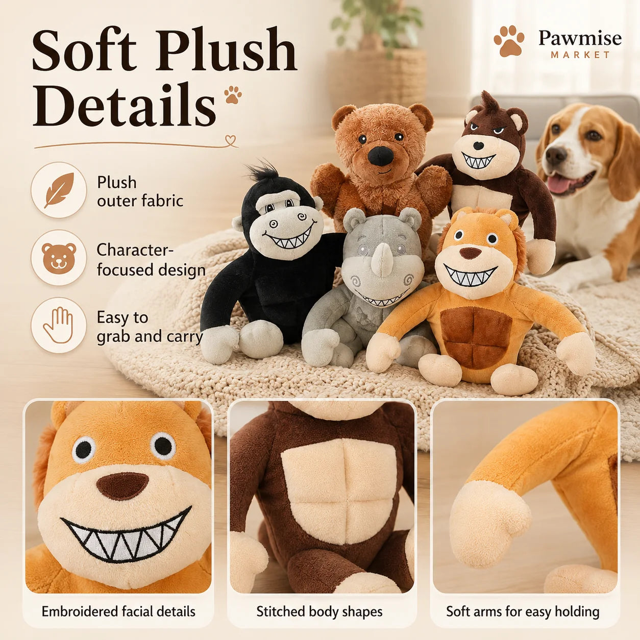 Squeaky Plush Pet Toy Set Lion Bear Rhino Monkey Chimp