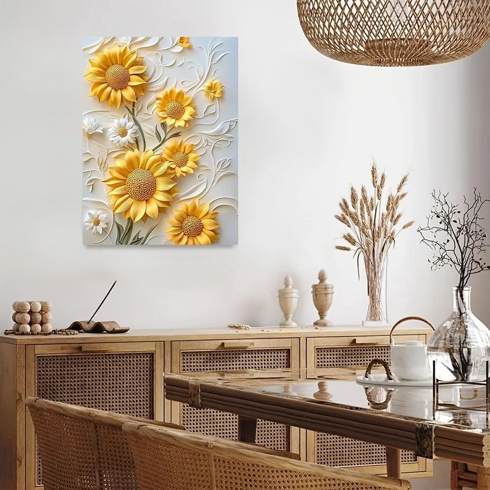 3D relief sunflower canvas art with wood frame, vivid yellow wall printing in living room and bedroom, Christmas home decor