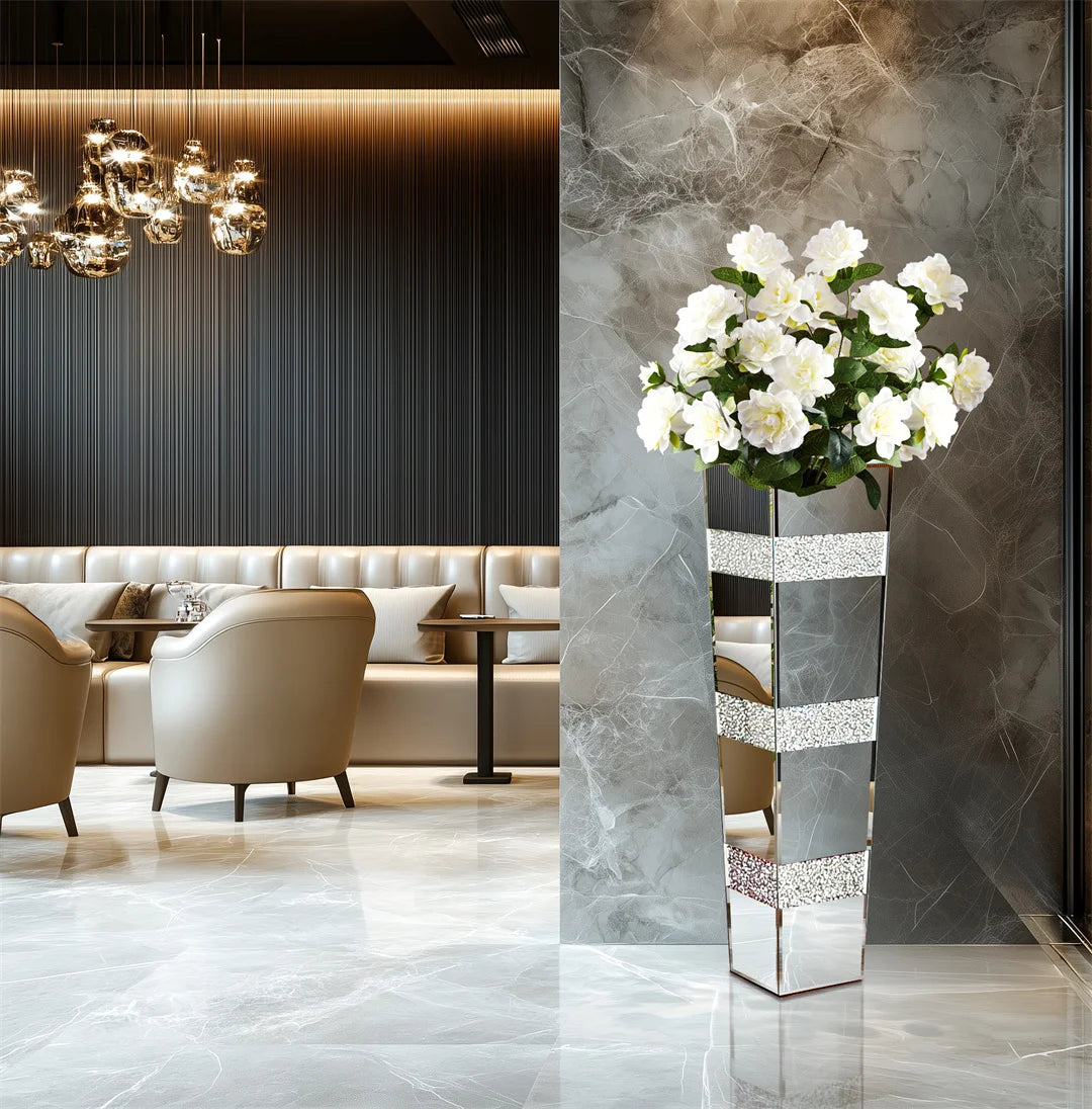 Modern Floor Vase With Crystal Accents In Mirrored Silver Finish