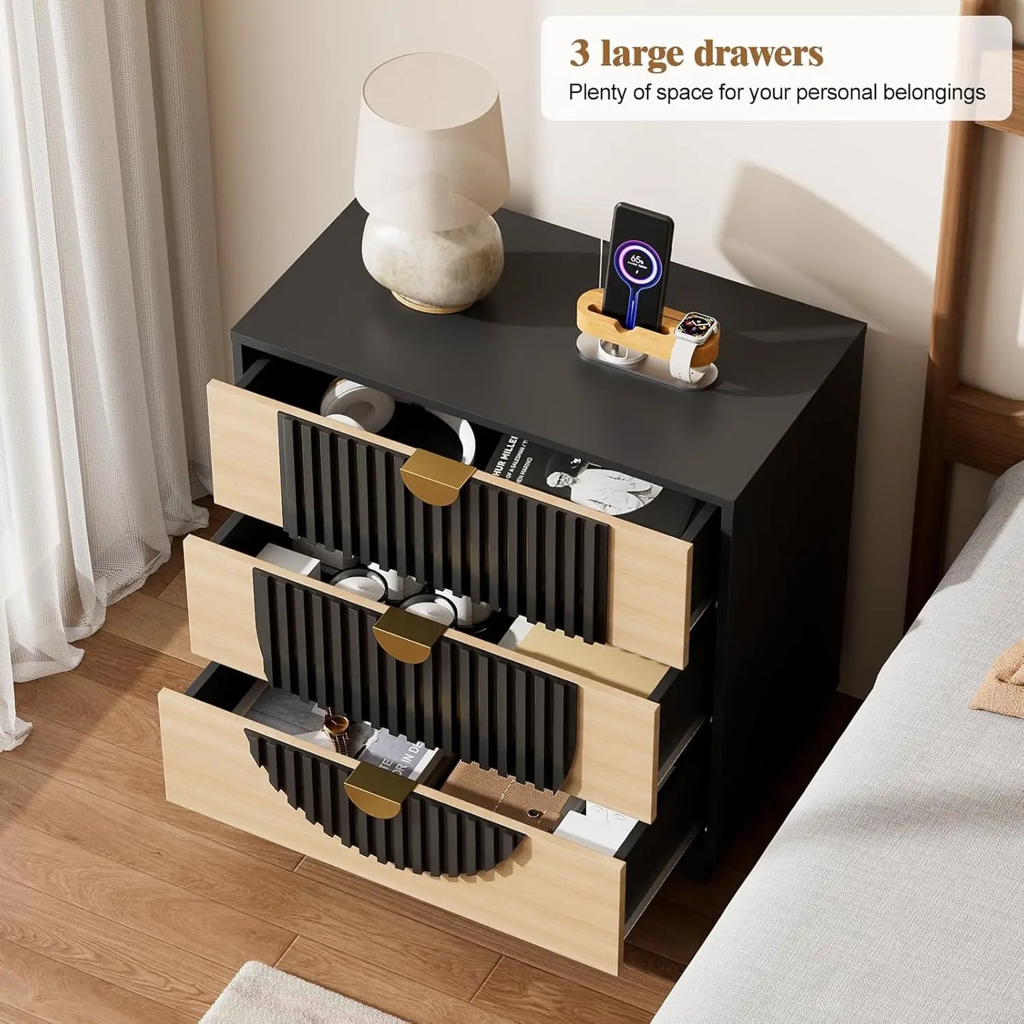 Three Drawer Nightstand With Charging Station Modern Wood Bedside Table