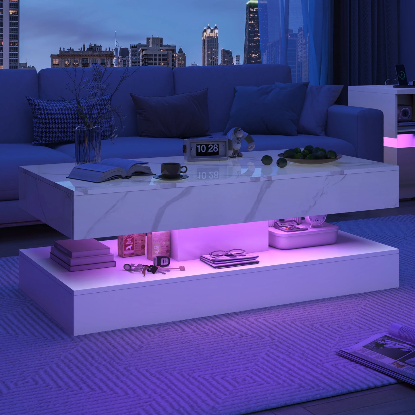 QiaoShiRen Modern LED Coffee Table With Double Layer Drawers