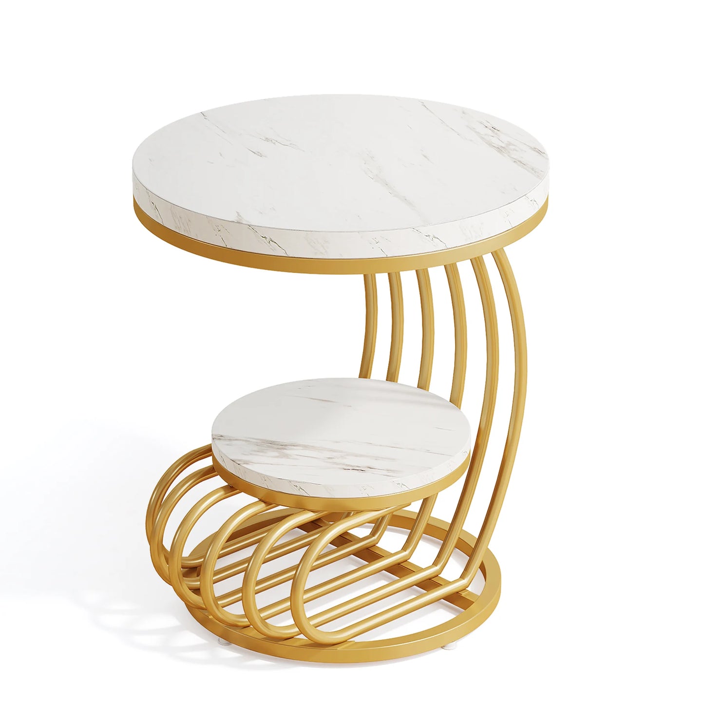 Tribesigns Round End Table Two Tiers Faux Marble Storage Shelf