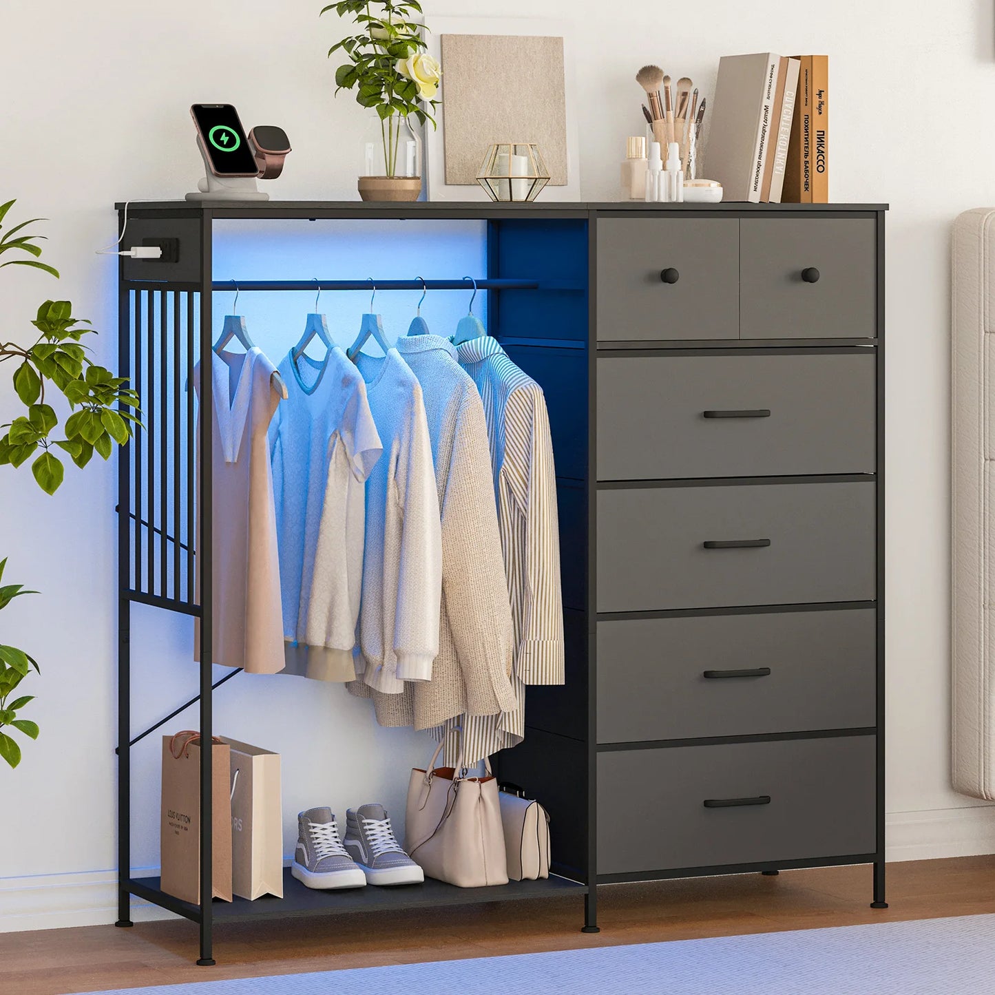 150cm Chest of Drawers, Reversible 6 Fabric Drawers Hanging Rack Dresser Closet w/LED Lights & Charging Station for Kids Bedroom