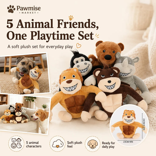Squeaky Plush Pet Toy Set Lion Bear Rhino Monkey Chimp