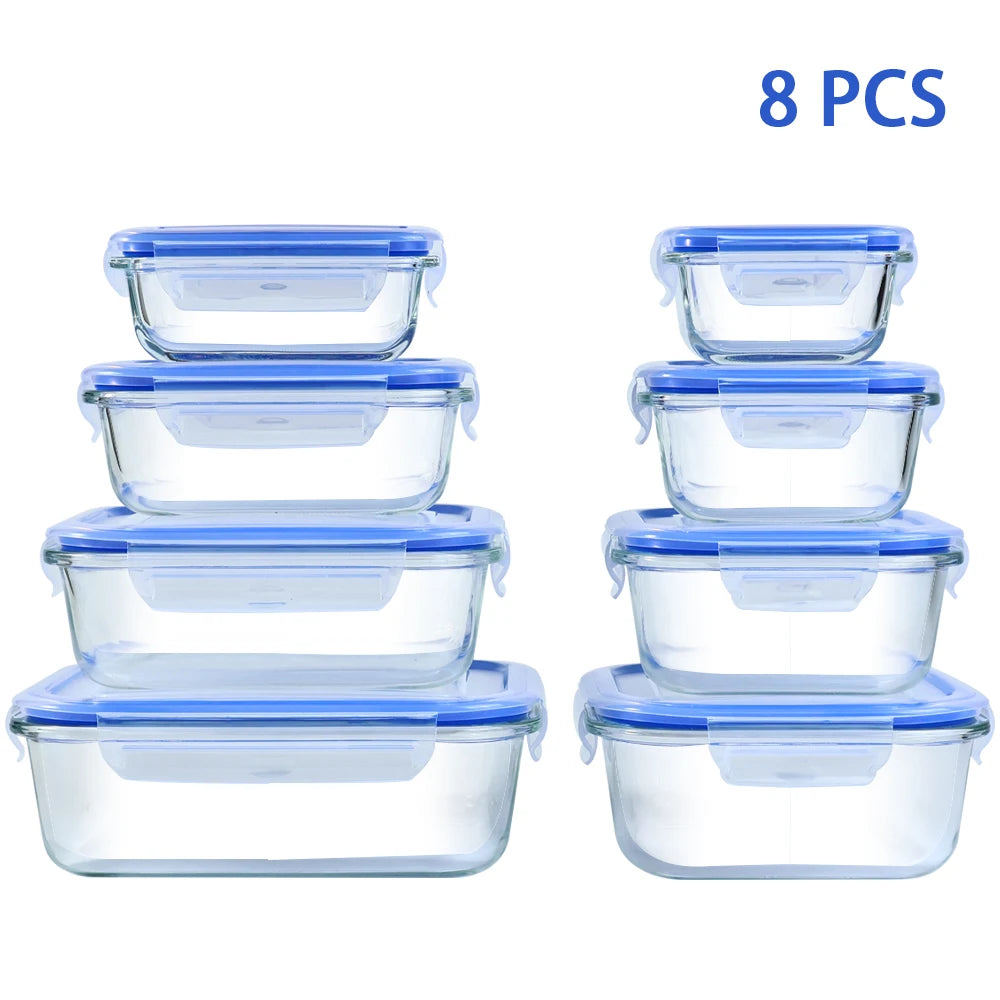 8pcs Glass Food Storage Containers Set Lunch Box Leakproof Airtight Microwave & Oven Safe Stackable Kitchen Organizers