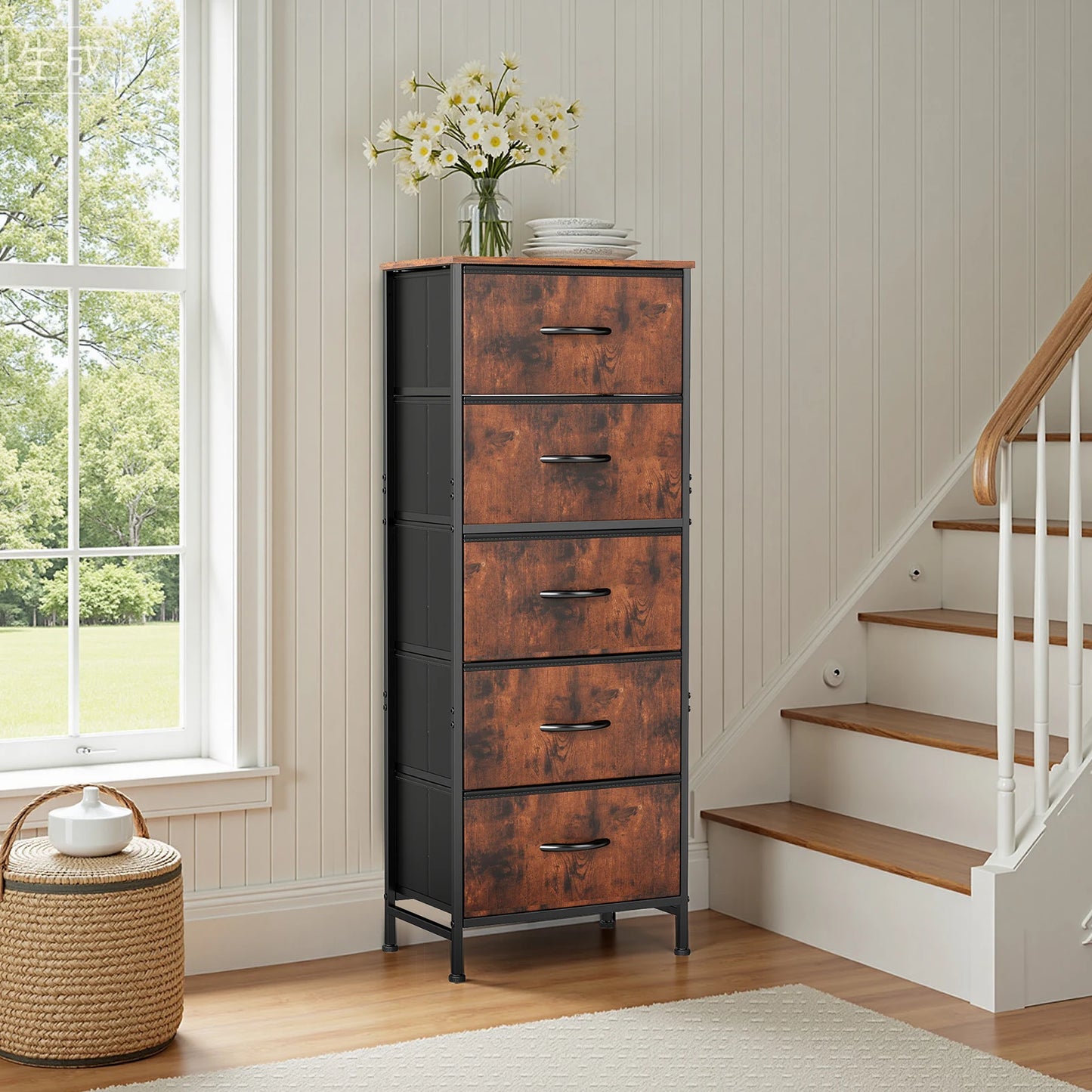JHK Modern Dresser With Fabric Drawers On Steel Frame