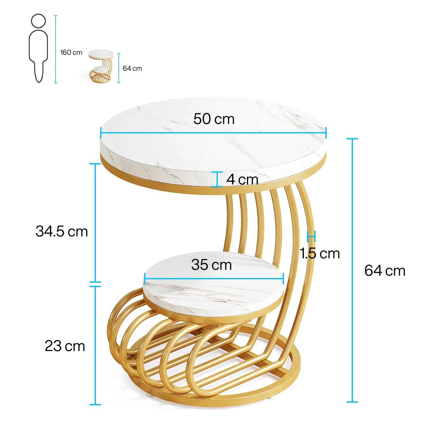 Tribesigns Round End Table Two Tiers Faux Marble Storage Shelf