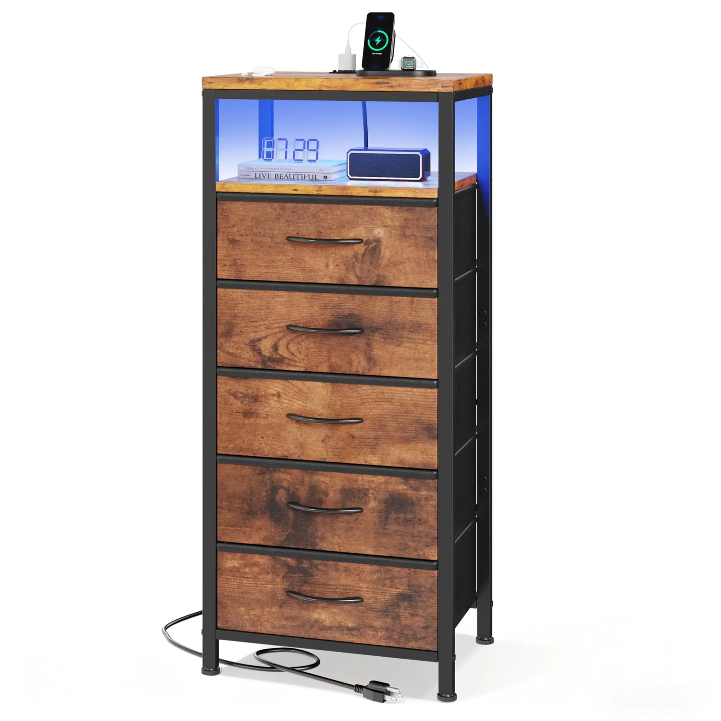 JHK Five Drawer Dresser Nightstand With Charging Station