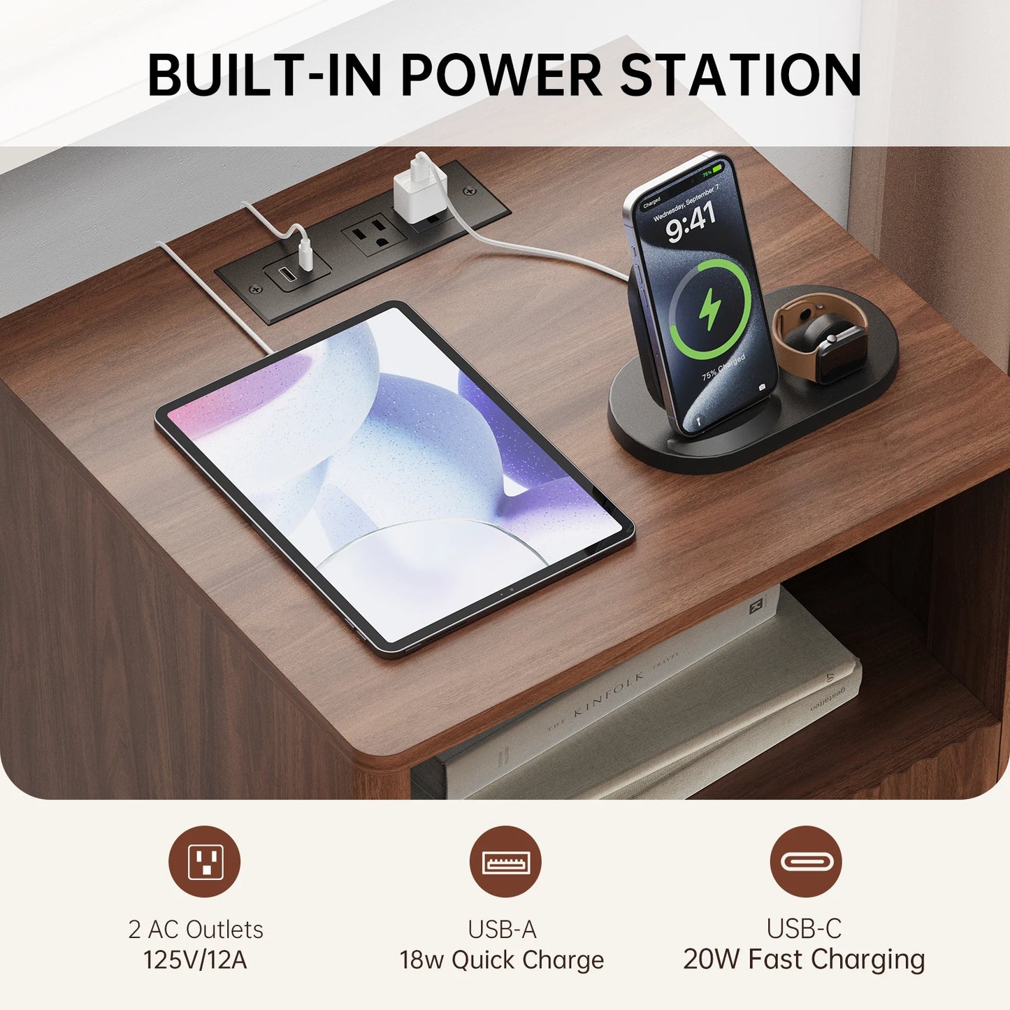 TinyNest Nightstand With Charging Station And Fluted Wood Storage
